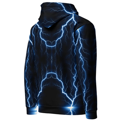 Electric blue lightning bolt recycled unisex hoodie with glowing graphic – Hipyfi Clothes & Design. right-back-6