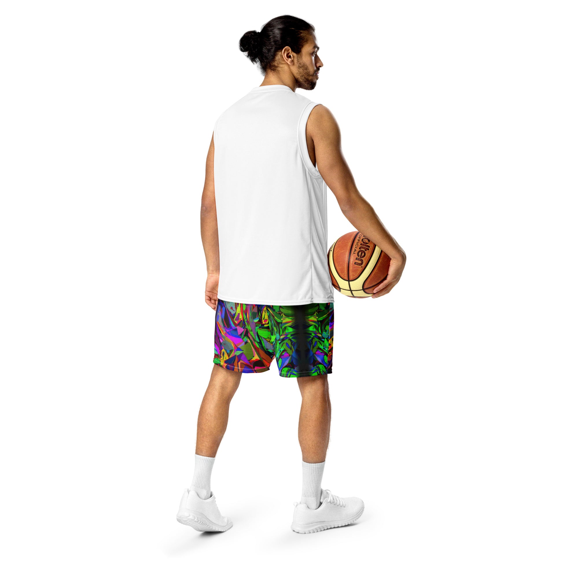 Neon Chaos Unisex Mesh Shorts – Eco-friendly athletic fit with vibrant abstract and modern streetwear design by Hipyfi Clothes & Design. Back