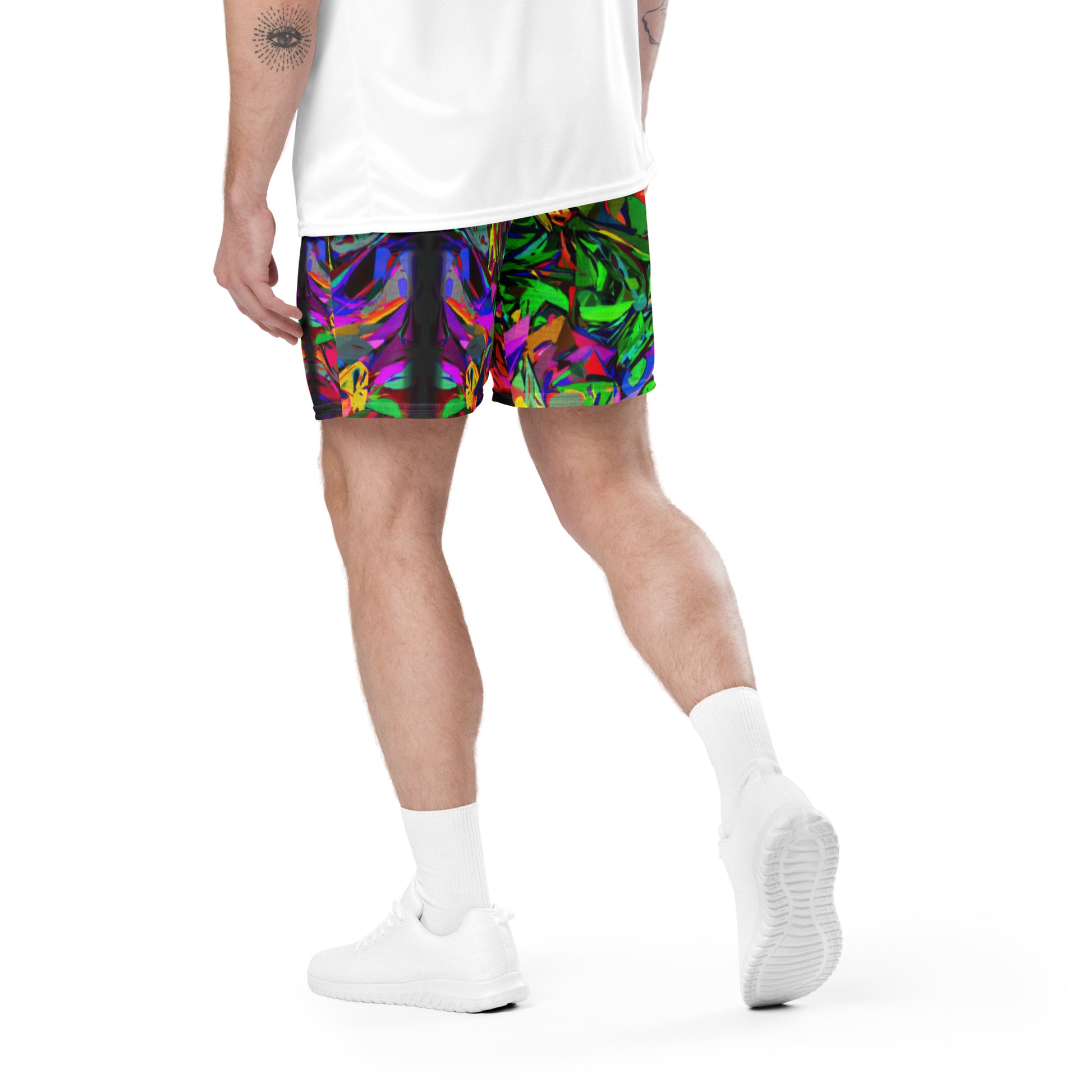 Neon Chaos Unisex Mesh Shorts – Eco-friendly athletic fit with vibrant abstract and modern streetwear design by Hipyfi Clothes & Design. Back-4