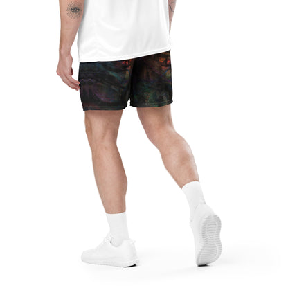 Chromatic Dreams unisex mesh shorts with vibrant abstract print, made from recycled fabric by Hipyfi Clothes & Design. Back-3