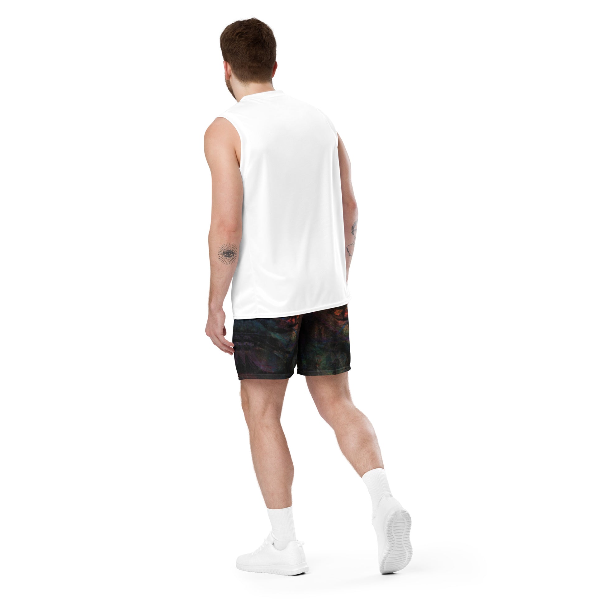 Chromatic Dreams unisex mesh shorts with vibrant abstract print, made from recycled fabric by Hipyfi Clothes & Design. Back-2