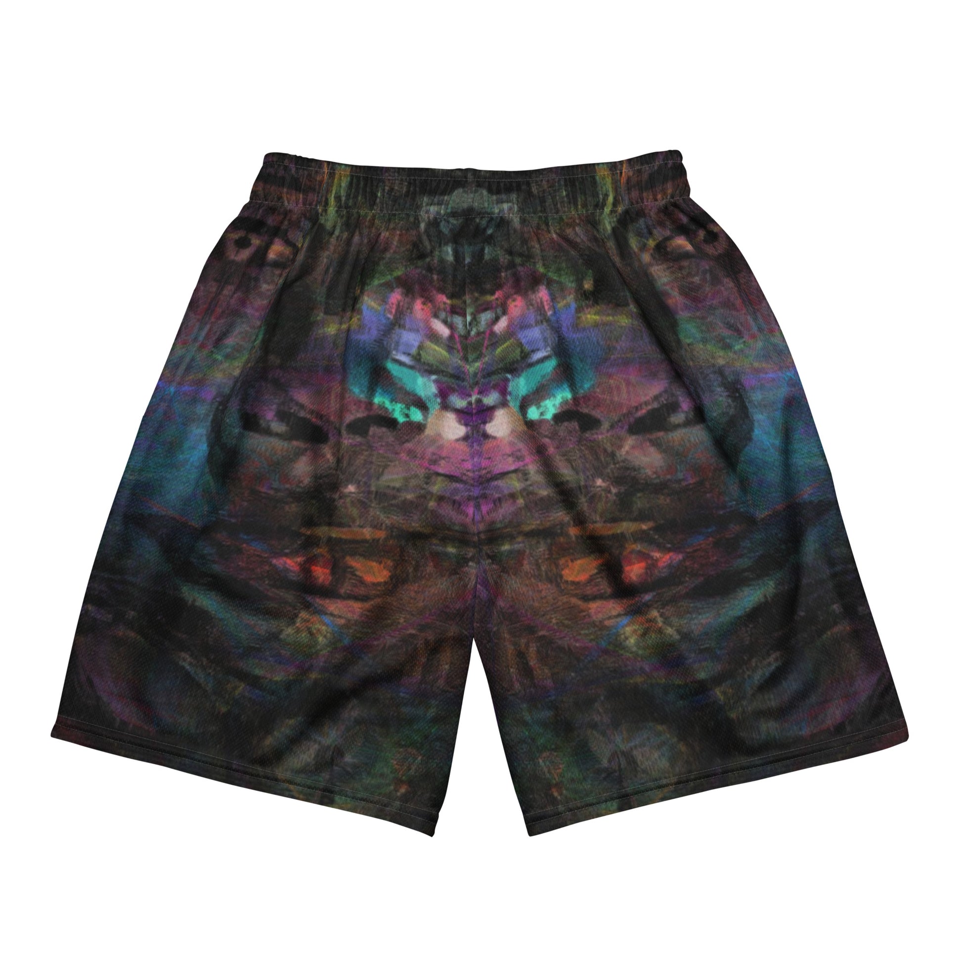 Chromatic Dreams unisex mesh shorts with vibrant abstract print, made from recycled fabric by Hipyfi Clothes & Design. Back-5