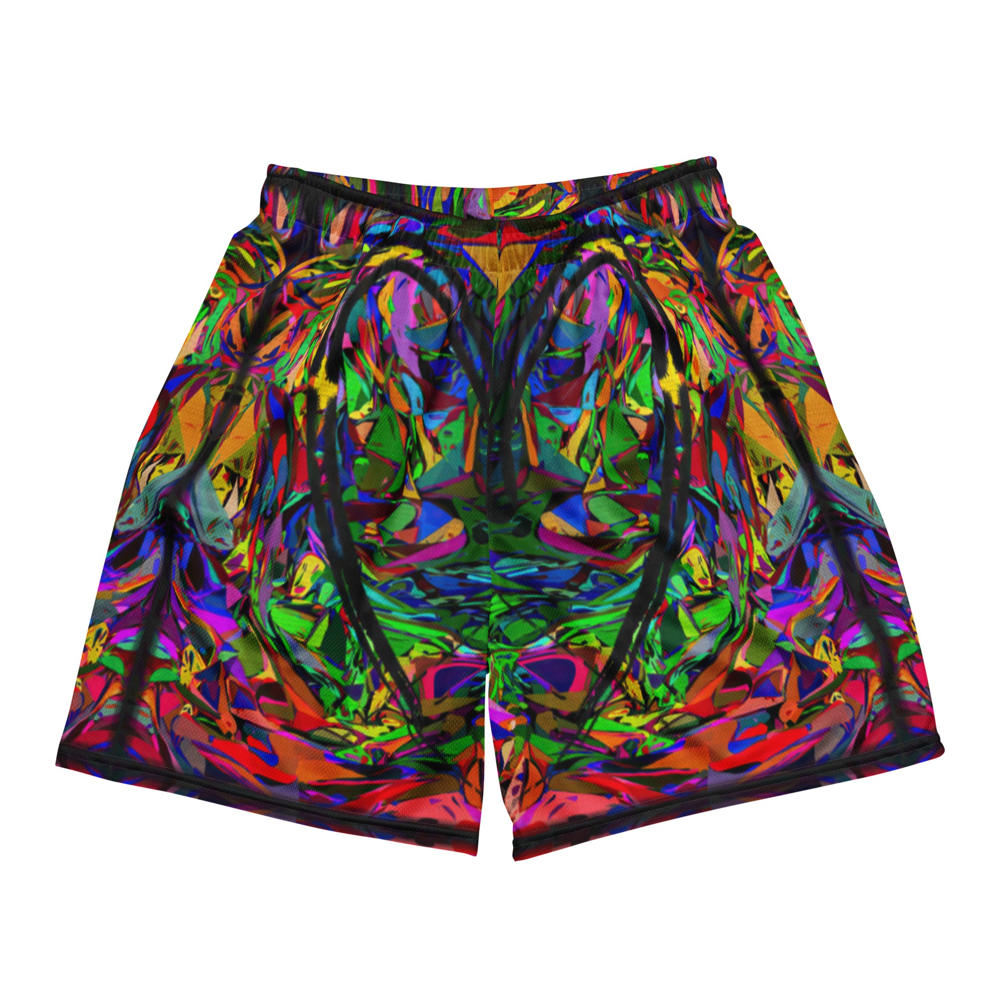 Neon Chaos Unisex Mesh Shorts – Eco-friendly athletic fit with vibrant abstract and modern streetwear design by Hipyfi Clothes & Design. Front-5