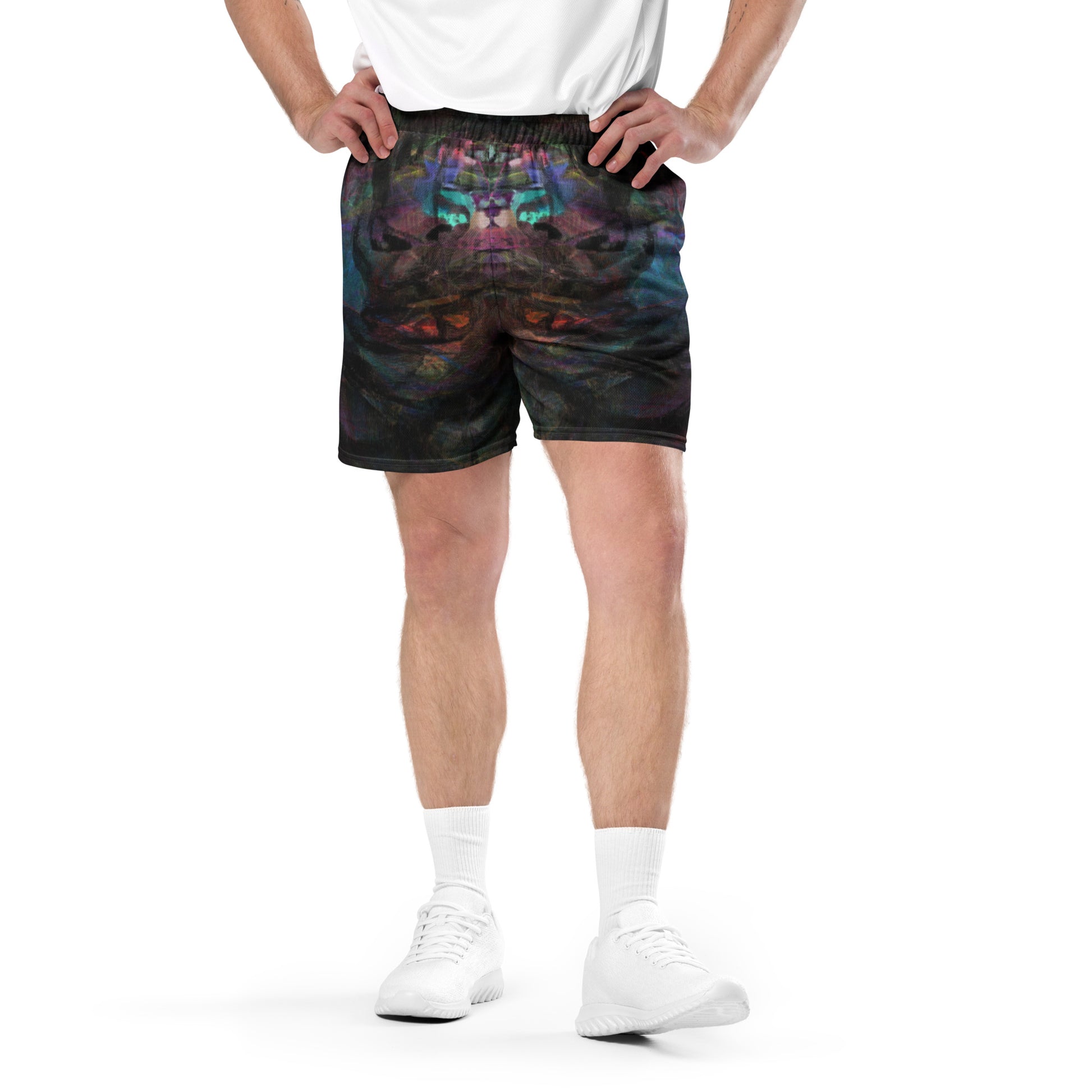 Chromatic Dreams unisex mesh shorts with vibrant abstract print, made from recycled fabric by Hipyfi Clothes & Design. Front-2