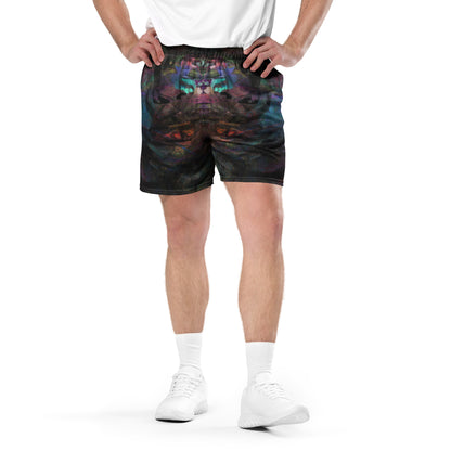 Chromatic Dreams unisex mesh shorts with vibrant abstract print, made from recycled fabric by Hipyfi Clothes & Design. Front-2