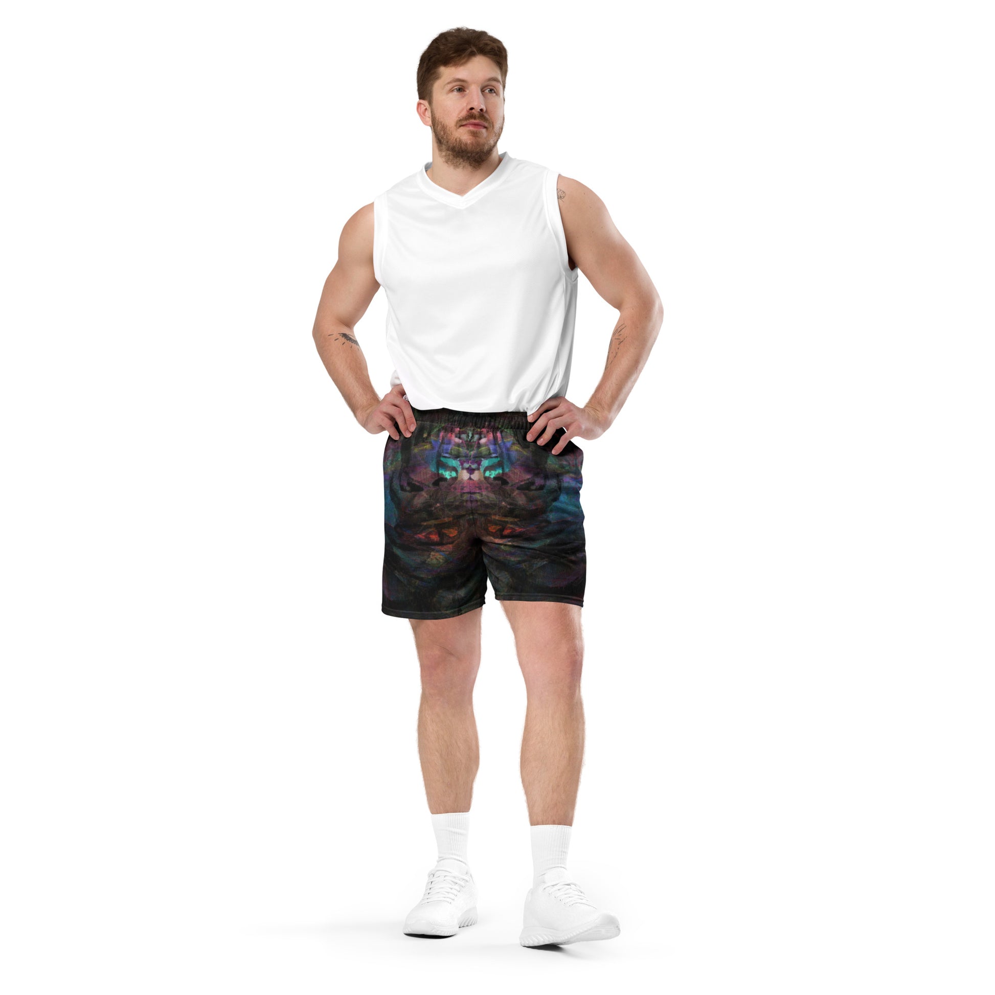 Chromatic Dreams unisex mesh shorts with vibrant abstract print, made from recycled fabric by Hipyfi Clothes & Design. Front
