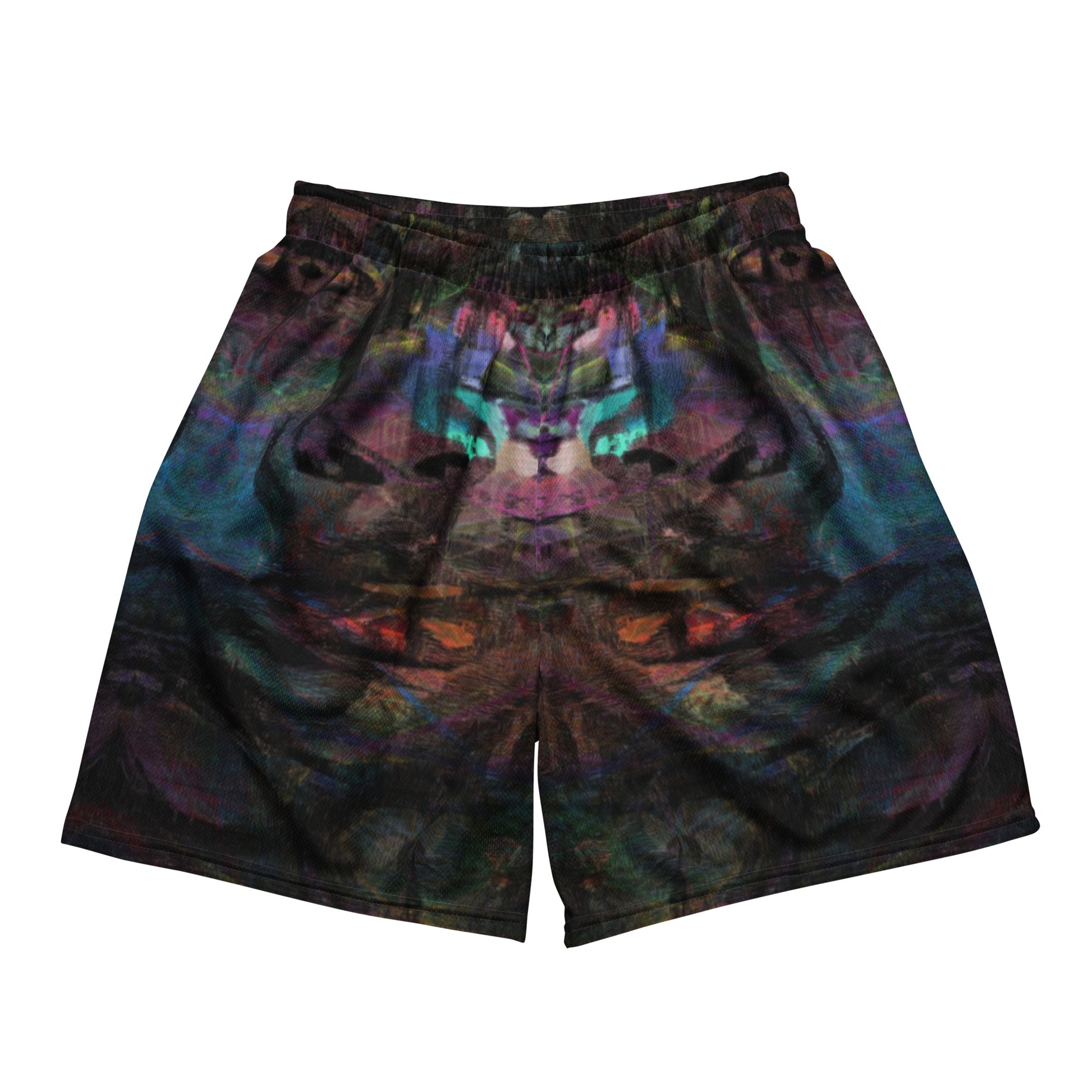 Chromatic Dreams unisex mesh shorts with vibrant abstract print, made from recycled fabric by Hipyfi Clothes & Design. Front-5