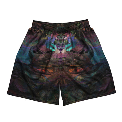 Chromatic Dreams unisex mesh shorts with vibrant abstract print, made from recycled fabric by Hipyfi Clothes & Design. Front-5