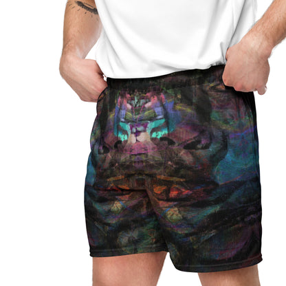 Chromatic Dreams unisex mesh shorts with vibrant abstract print, made from recycled fabric by Hipyfi Clothes & Design. Left-Front