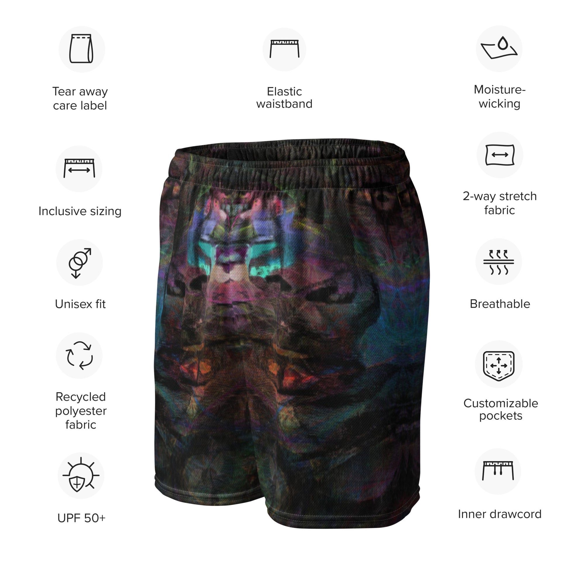 Chromatic Dreams unisex mesh shorts with vibrant abstract print, made from recycled fabric by Hipyfi Clothes & Design. Product-info