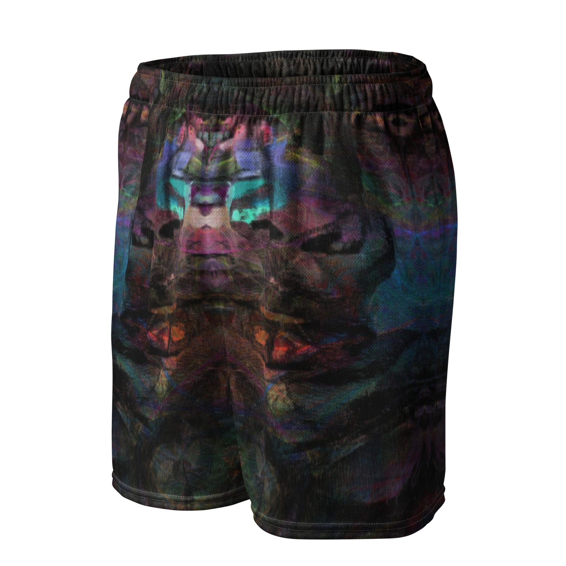 Chromatic Dreams unisex mesh shorts with vibrant abstract print, made from recycled fabric by Hipyfi Clothes & Design. Left-Front-4
