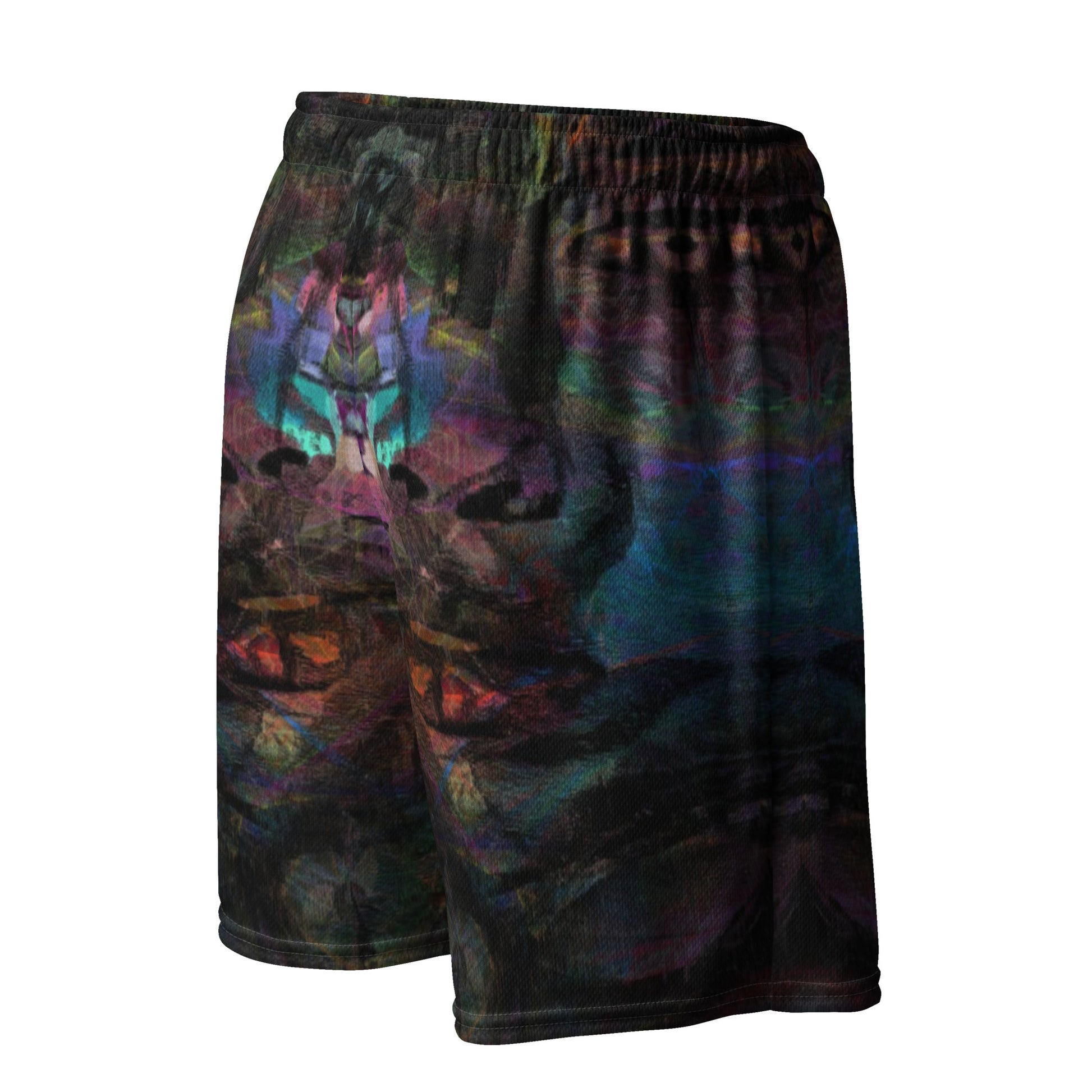 Chromatic Dreams unisex mesh shorts with vibrant abstract print, made from recycled fabric by Hipyfi Clothes & Design. Right-Back-4