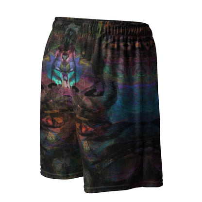 Chromatic Dreams unisex mesh shorts with vibrant abstract print, made from recycled fabric by Hipyfi Clothes & Design. Right-Back-4