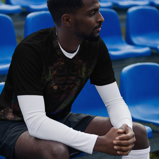 Chromatic Dreams unisex sports jersey made from recycled polyester, a vibrant, abstract design and sustainable activewear by Hipyfi. front