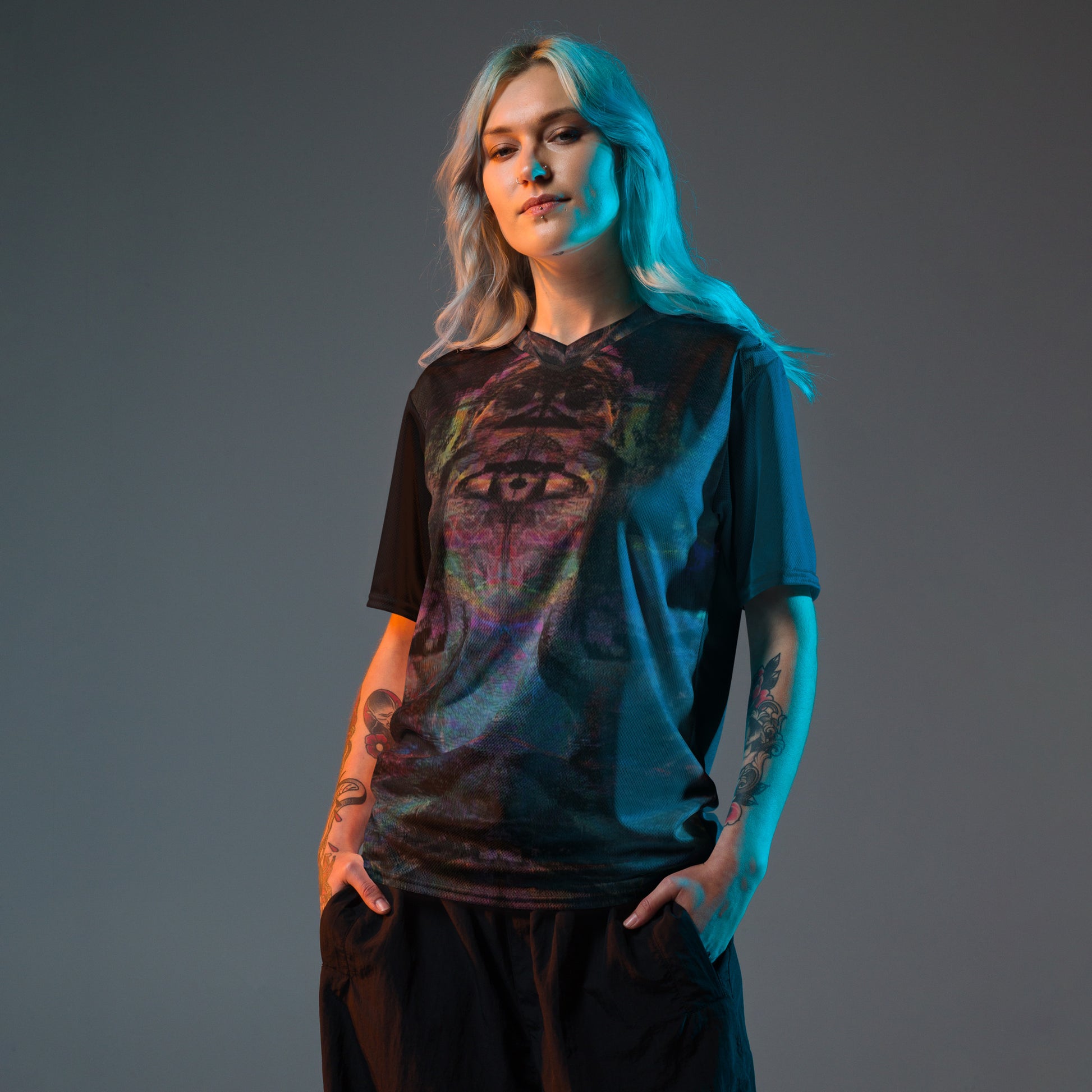 Chromatic Dreams unisex sports jersey made from recycled polyester, a vibrant, abstract design and sustainable activewear by Hipyfi. front-4