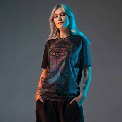 Chromatic Dreams unisex sports jersey made from recycled polyester, a vibrant, abstract design and sustainable activewear by Hipyfi. front-4
