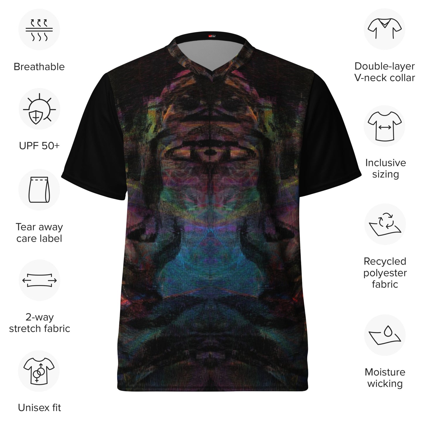 Chromatic Dreams unisex sports jersey made from recycled polyester, a vibrant, abstract design and sustainable activewear by Hipyfi. Product-info