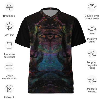 Chromatic Dreams unisex sports jersey made from recycled polyester, a vibrant, abstract design and sustainable activewear by Hipyfi. Product-info