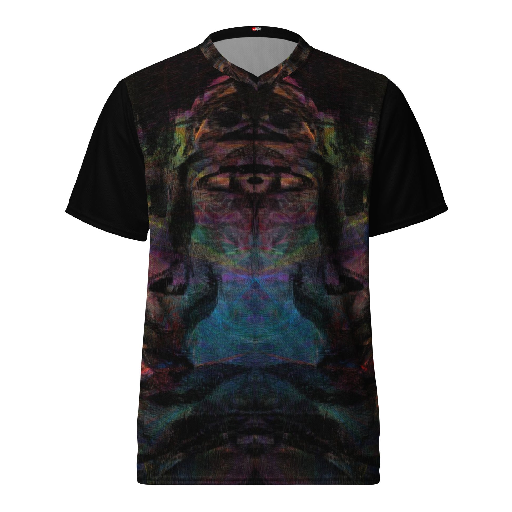Chromatic Dreams unisex sports jersey made from recycled polyester, a vibrant, abstract design and sustainable activewear by Hipyfi. front-5