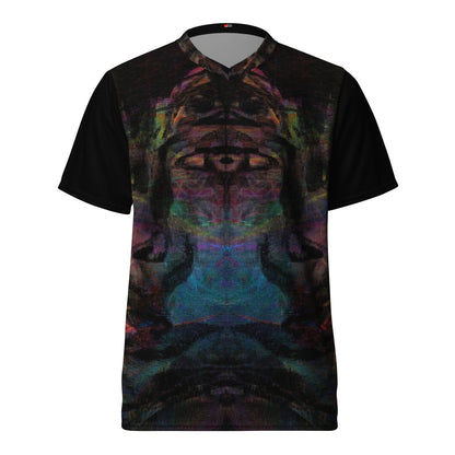 Chromatic Dreams unisex sports jersey made from recycled polyester, a vibrant, abstract design and sustainable activewear by Hipyfi. front-5