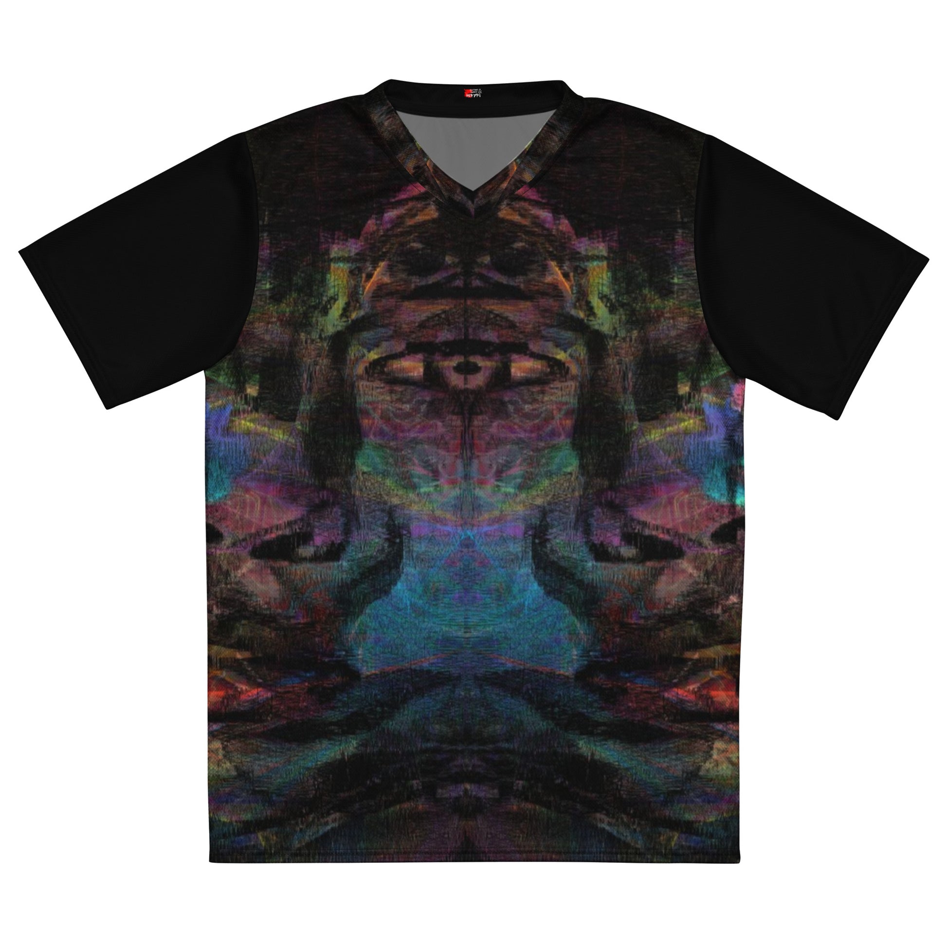 Chromatic Dreams unisex sports jersey made from recycled polyester, a vibrant, abstract design and sustainable activewear by Hipyfi. front-6