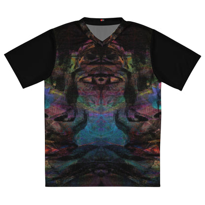 Chromatic Dreams unisex sports jersey made from recycled polyester, a vibrant, abstract design and sustainable activewear by Hipyfi. front-6