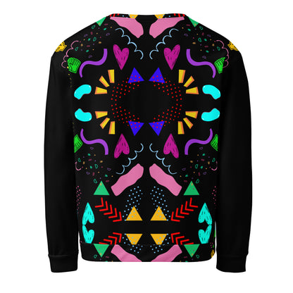 Colorful 80s-inspired recycled unisex sweatshirt with Memphis abstract pattern by Hipyfi Clothes & Design. back-7
