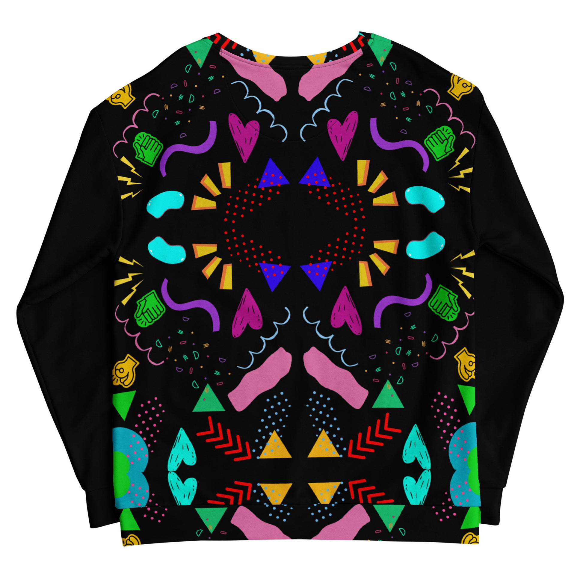 Colorful 80s-inspired recycled unisex sweatshirt with Memphis abstract pattern by Hipyfi Clothes & Design. back-8