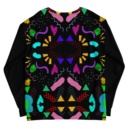 Colorful 80s-inspired recycled unisex sweatshirt with Memphis abstract pattern by Hipyfi Clothes & Design. back-8