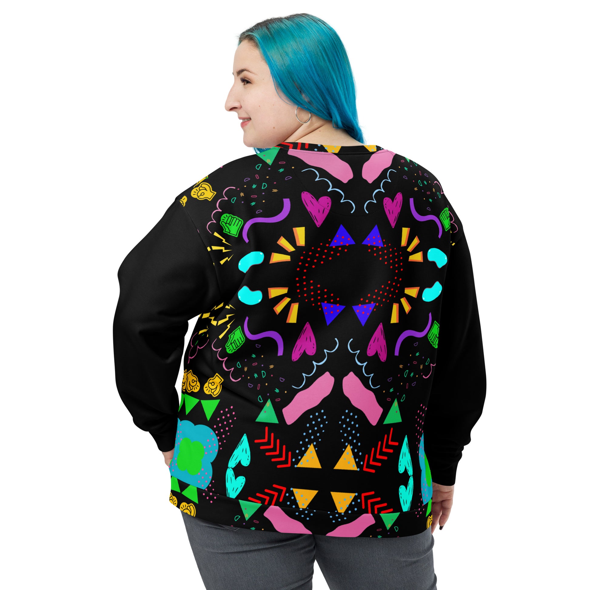 Colorful 80s-inspired recycled unisex sweatshirt with Memphis abstract pattern by Hipyfi Clothes & Design. back