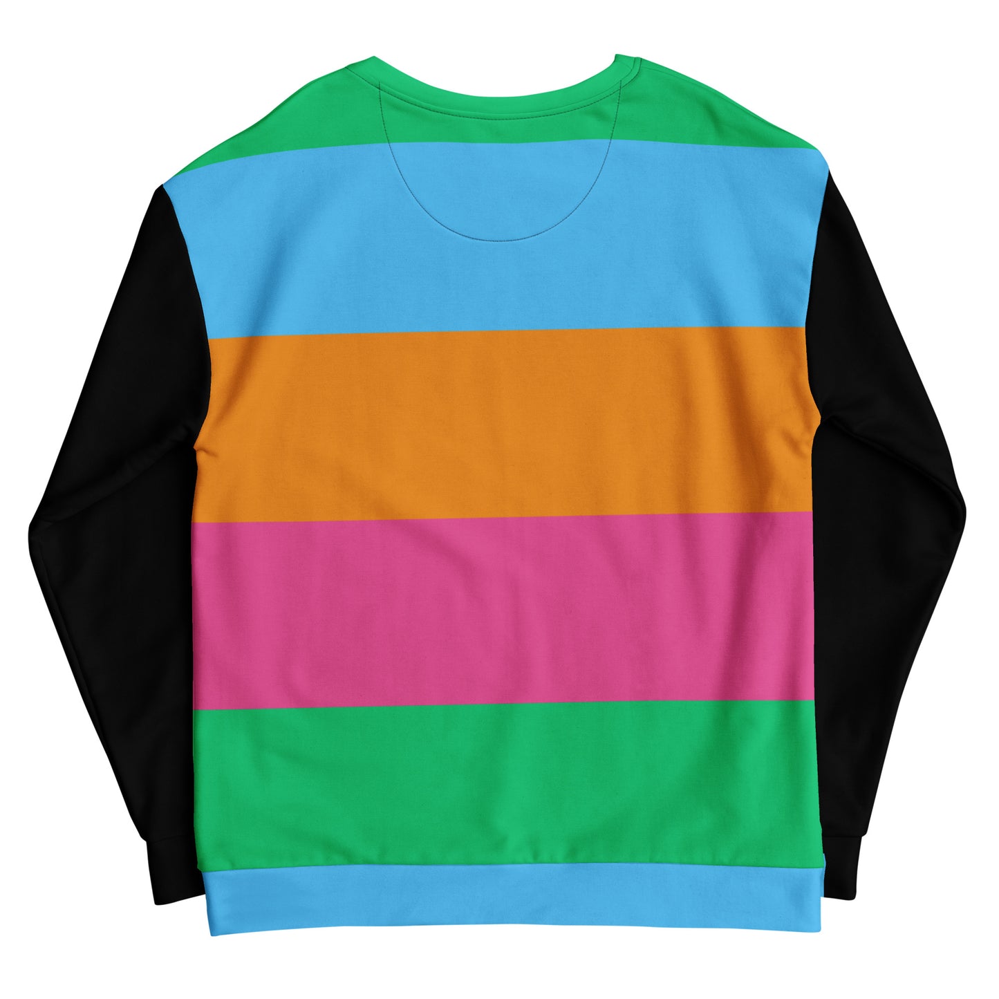 Hipyfi Eco Stripe Recycled Unisex Sweatshirt with bold color block design in sky blue, orange, hot pink, and emerald green, featuring black sleeves and sustainable fabric. back-8