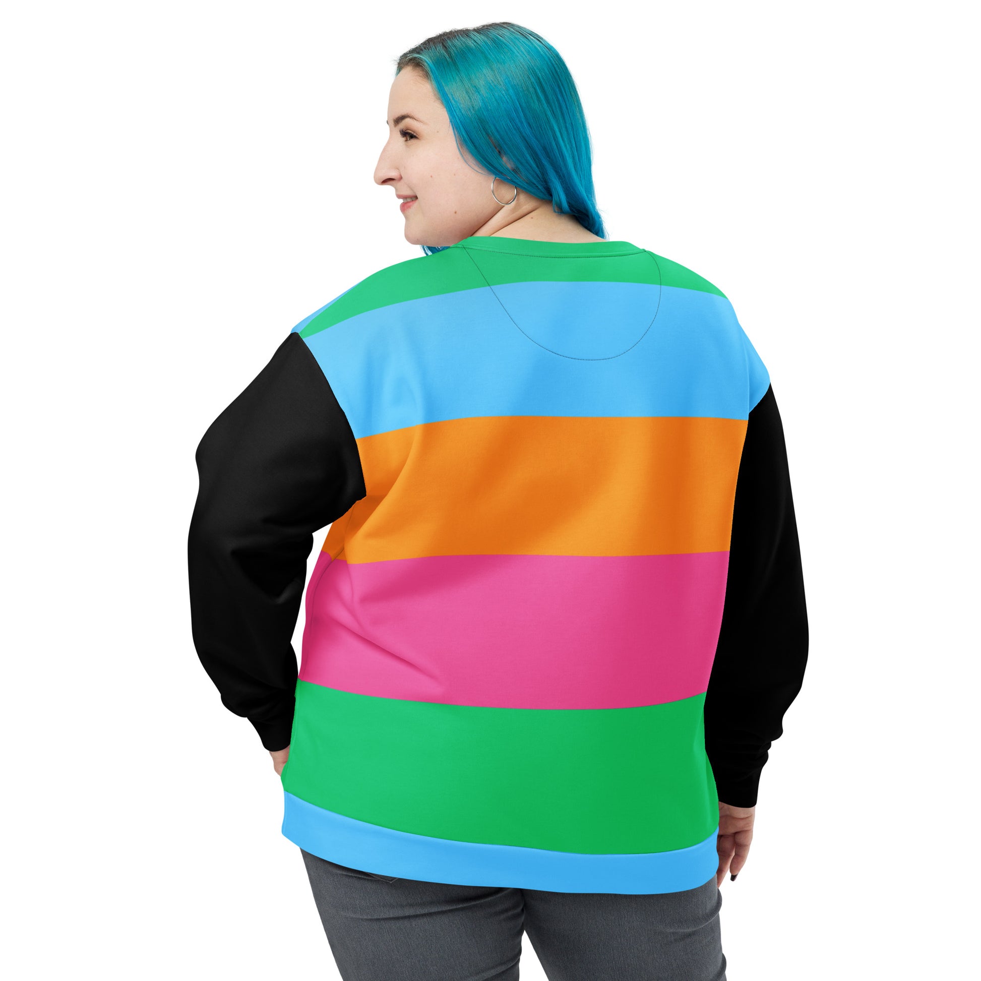 Hipyfi Eco Stripe Recycled Unisex Sweatshirt with bold color block design in sky blue, orange, hot pink, and emerald green, featuring black sleeves and sustainable fabric. back-4