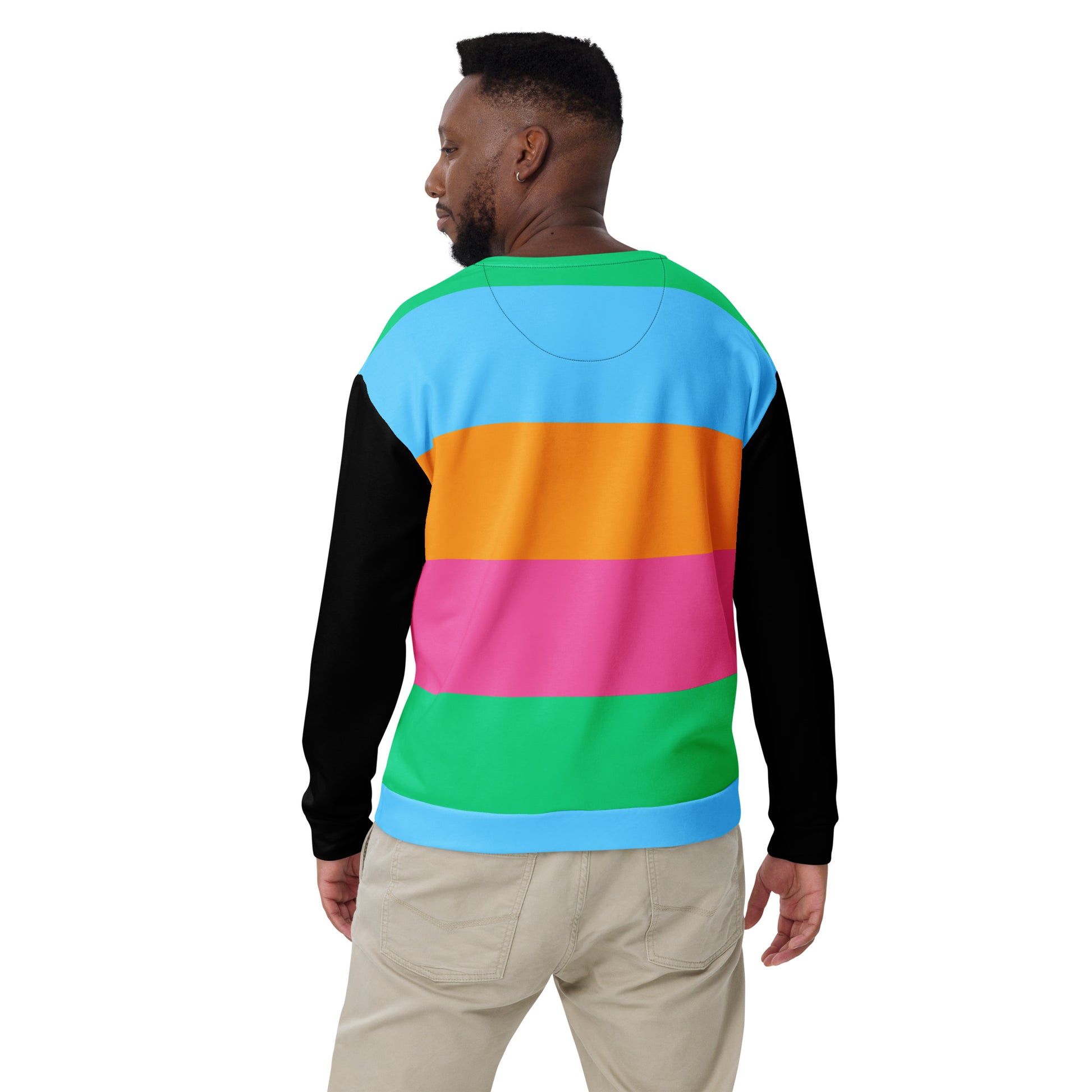 Hipyfi Eco Stripe Recycled Unisex Sweatshirt with bold color block design in sky blue, orange, hot pink, and emerald green, featuring black sleeves and sustainable fabric. back-5