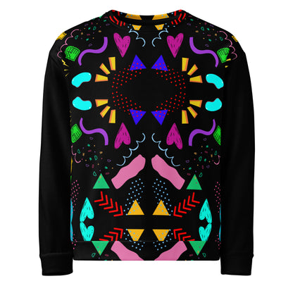 Colorful 80s-inspired recycled unisex sweatshirt with Memphis abstract pattern by Hipyfi Clothes & Design. front-7