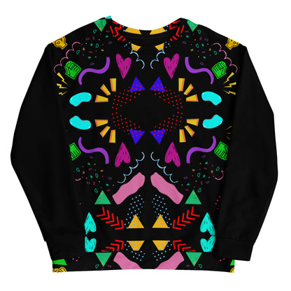 Colorful 80s-inspired recycled unisex sweatshirt with Memphis abstract pattern by Hipyfi Clothes & Design. front-8