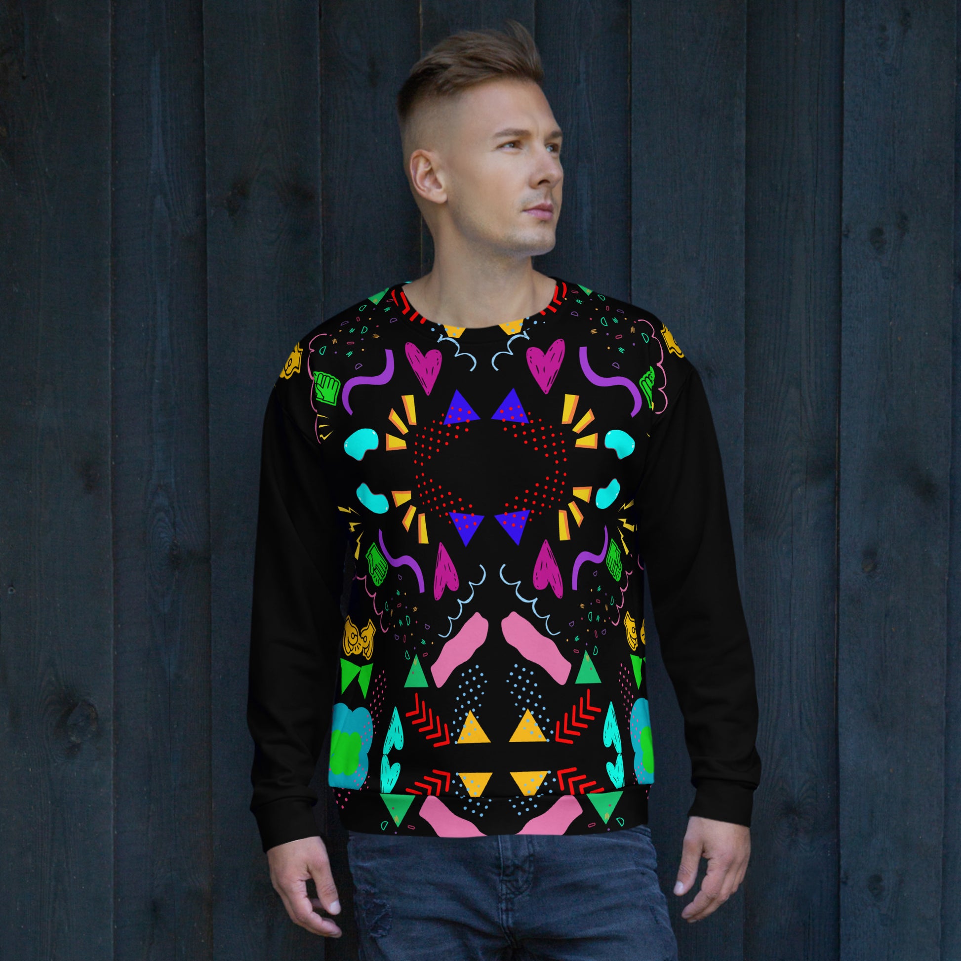 Colorful 80s-inspired recycled unisex sweatshirt with Memphis abstract pattern by Hipyfi Clothes & Design. front-3