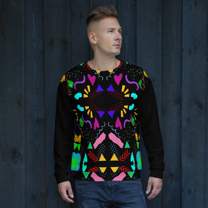 Colorful 80s-inspired recycled unisex sweatshirt with Memphis abstract pattern by Hipyfi Clothes & Design. front-3