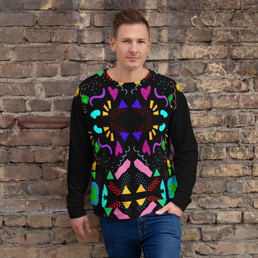 Colorful 80s-inspired recycled unisex sweatshirt with Memphis abstract pattern by Hipyfi Clothes & Design. front