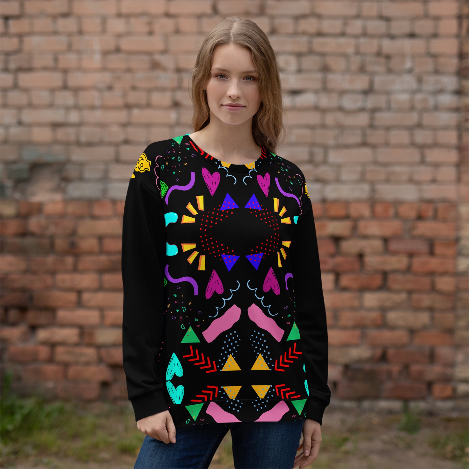 Colorful 80s-inspired recycled unisex sweatshirt with Memphis abstract pattern by Hipyfi Clothes & Design. front-2