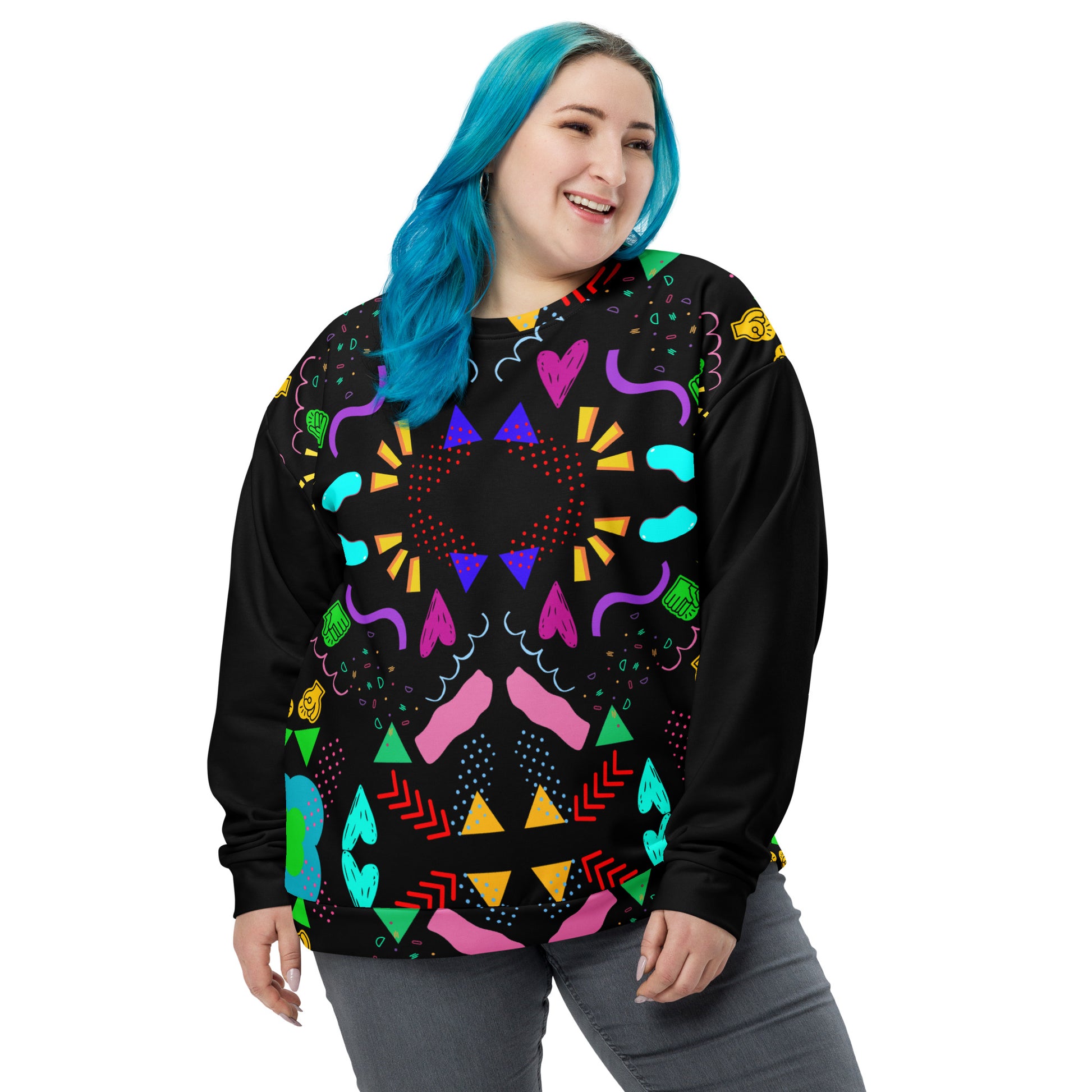 Colorful 80s-inspired recycled unisex sweatshirt with Memphis abstract pattern by Hipyfi Clothes & Design. front-4