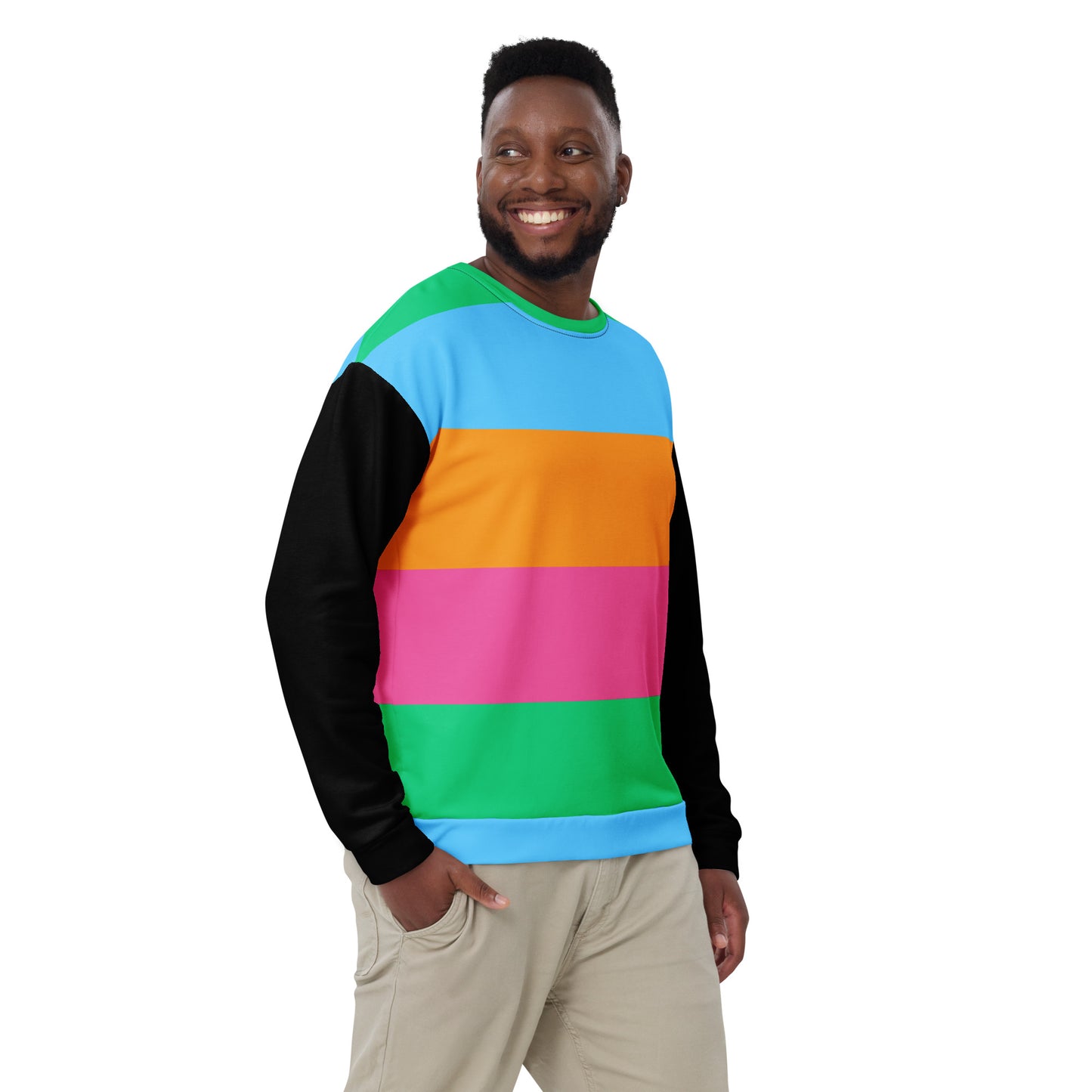 Hipyfi Eco Stripe Recycled Unisex Sweatshirt with bold color block design in sky blue, orange, hot pink, and emerald green, featuring black sleeves and sustainable fabric. front-5