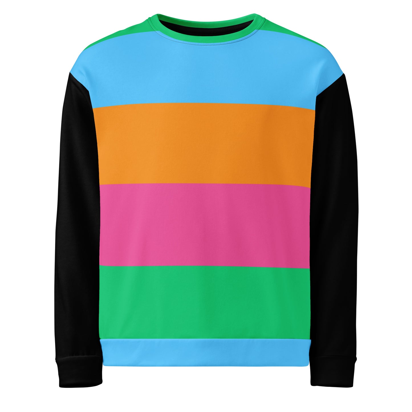 Hipyfi Eco Stripe Recycled Unisex Sweatshirt with bold color block design in sky blue, orange, hot pink, and emerald green, featuring black sleeves and sustainable fabric. front-7