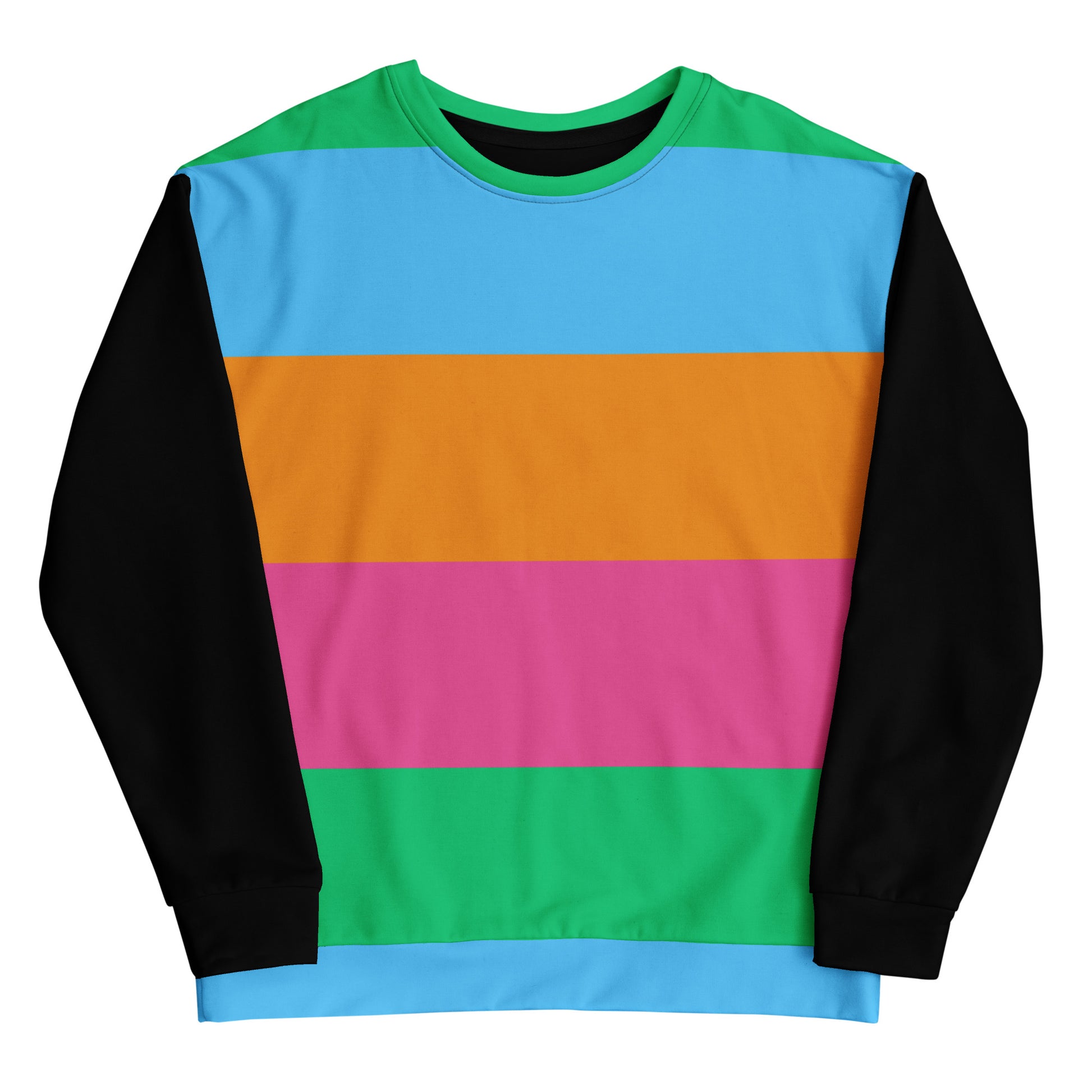 Hipyfi Eco Stripe Recycled Unisex Sweatshirt with bold color block design in sky blue, orange, hot pink, and emerald green, featuring black sleeves and sustainable fabric. front-8