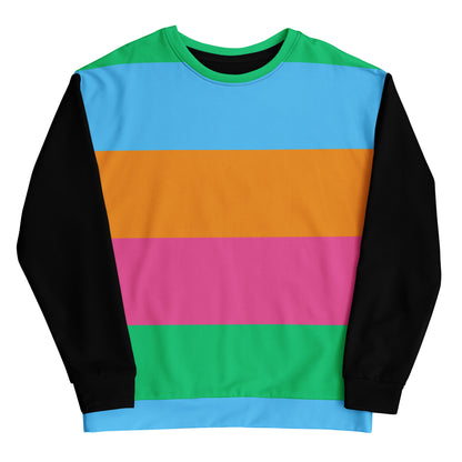 Hipyfi Eco Stripe Recycled Unisex Sweatshirt with bold color block design in sky blue, orange, hot pink, and emerald green, featuring black sleeves and sustainable fabric. front-8