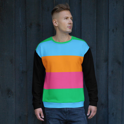 Hipyfi Eco Stripe Recycled Unisex Sweatshirt with bold color block design in sky blue, orange, hot pink, and emerald green, featuring black sleeves and sustainable fabric. front-2