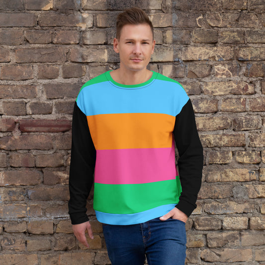 Hipyfi Eco Stripe Recycled Unisex Sweatshirt with bold color block design in sky blue, orange, hot pink, and emerald green, featuring black sleeves and sustainable fabric. front
