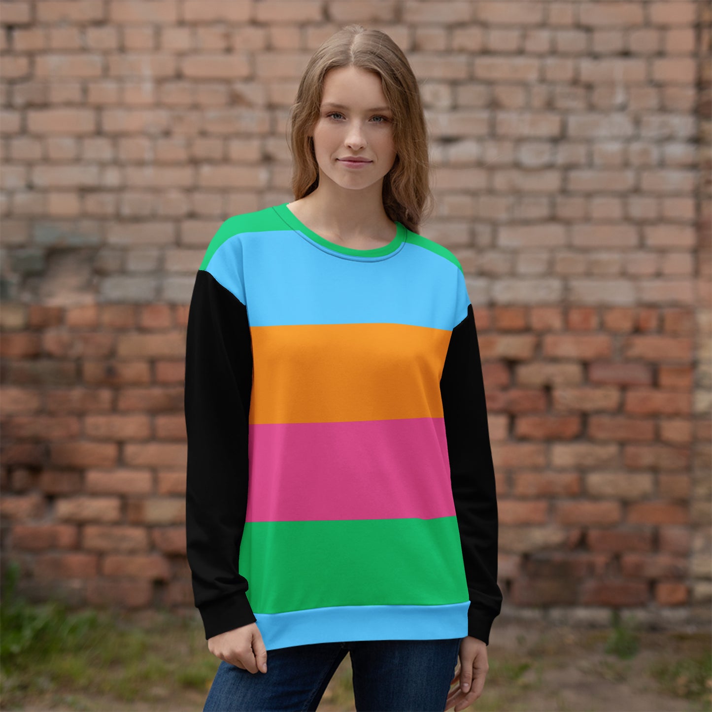 Hipyfi Eco Stripe Recycled Unisex Sweatshirt with bold color block design in sky blue, orange, hot pink, and emerald green, featuring black sleeves and sustainable fabric. front-3
