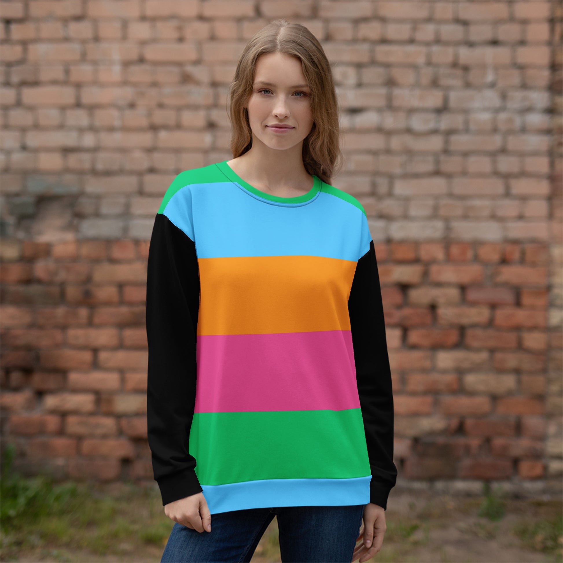 Hipyfi Eco Stripe Recycled Unisex Sweatshirt with bold color block design in sky blue, orange, hot pink, and emerald green, featuring black sleeves and sustainable fabric. front-3