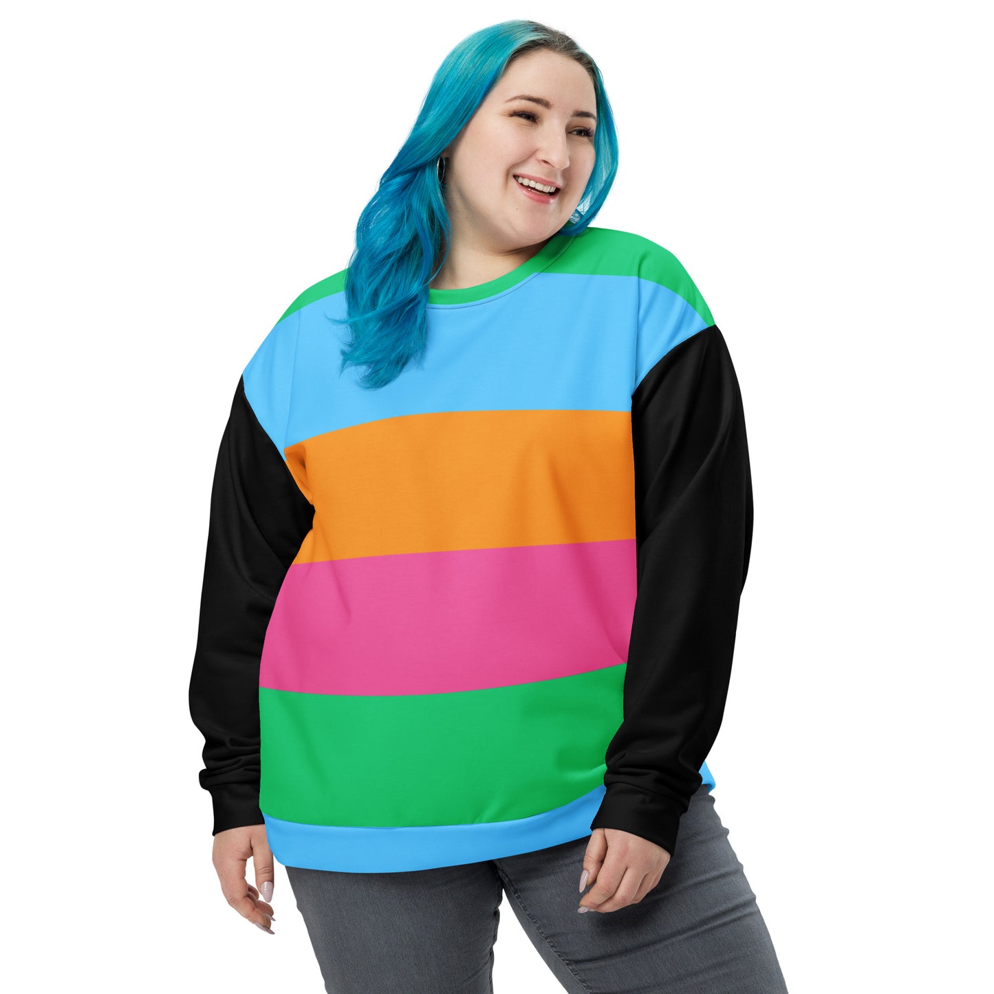 Hipyfi Eco Stripe Recycled Unisex Sweatshirt with bold color block design in sky blue, orange, hot pink, and emerald green, featuring black sleeves and sustainable fabric. front-4