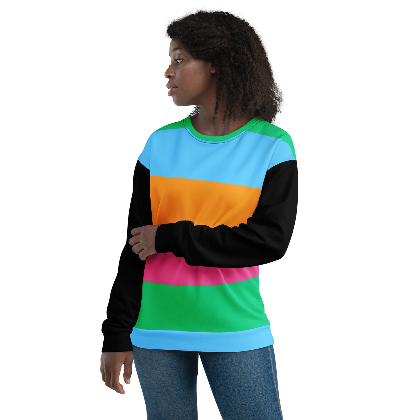 Hipyfi Eco Stripe Recycled Unisex Sweatshirt with bold color block design in sky blue, orange, hot pink, and emerald green, featuring black sleeves and sustainable fabric. front-6